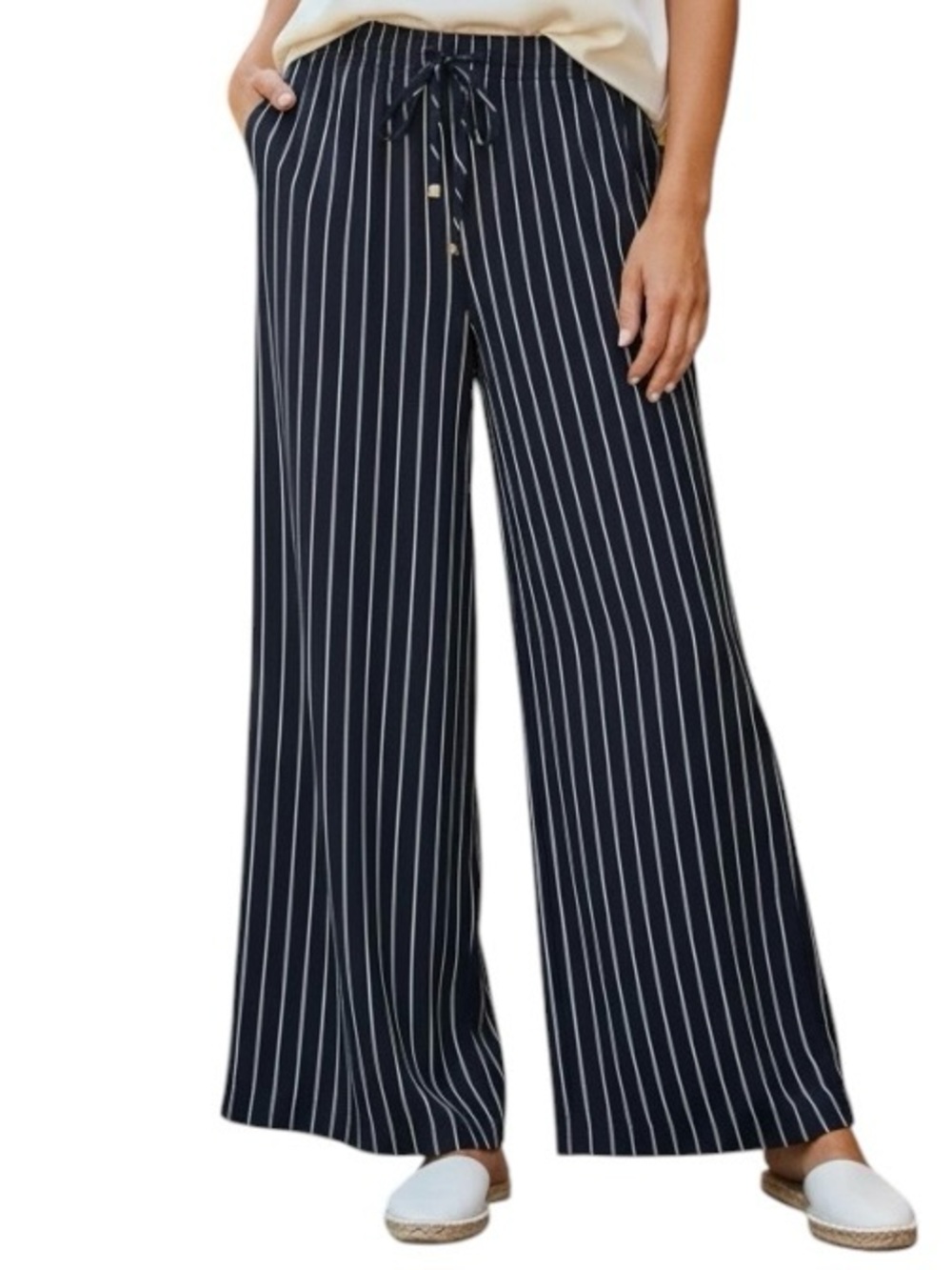Lauren Ralph Lauren Navy Pinstripe Wide-Leg Drawstring Pants